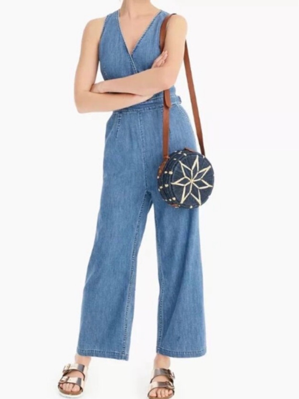 J.Crew Point Sur Sleeveless Wide Leg Jumpsuit, Blue , Denim V-Neck, Sz 10 Tall